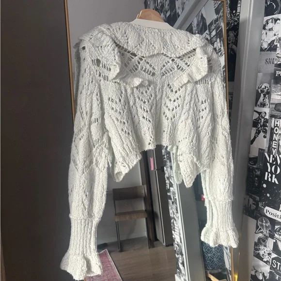 Free People Cream Open-Knit Ruffle Cardigan - Picture 2 of 4